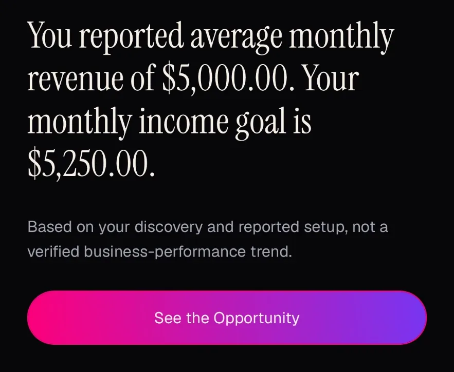 The MoneyPOP Pattern screen: reported average monthly revenue of $5,000 and a monthly income goal of $5,250, above a See the Opportunity button.