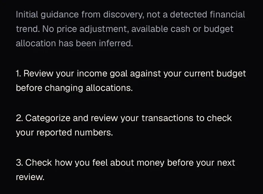 The MoneyPOP Profit Action screen: a short numbered list of three things to review before changing any allocations.
